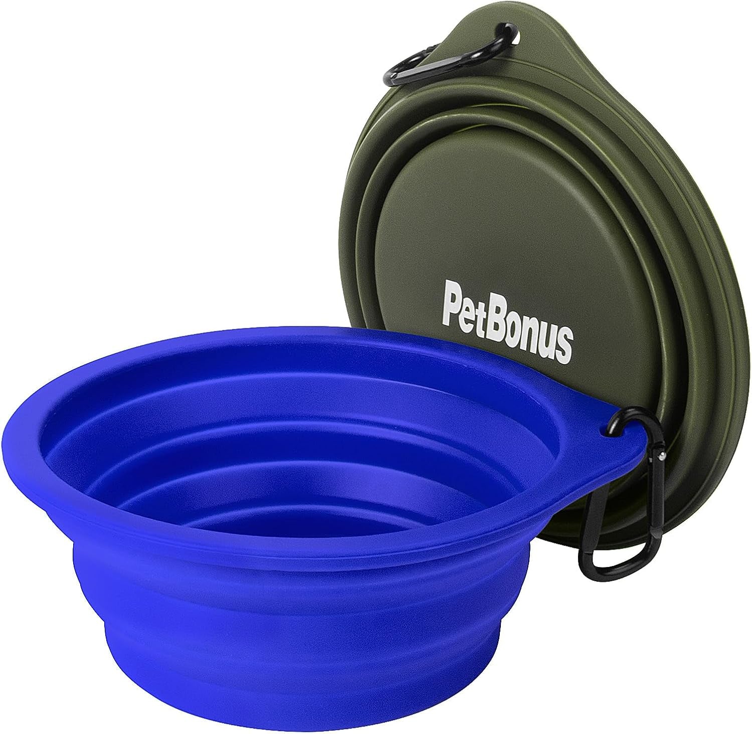 Silicone Collapsible Dog Bowls - 2-Pack, BPA-Free, Dishwasher Safe, Portable and Expandable Travel Feeding Dishes for Dogs and Cats with 2 Carabiners (Army Green, Blue)