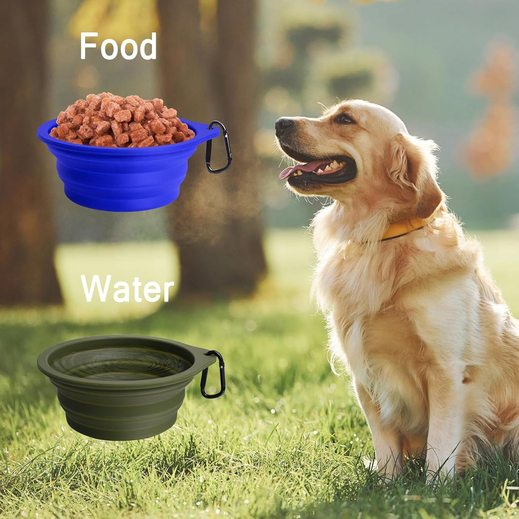 Silicone Collapsible Dog Bowls - 2-Pack, BPA-Free, Dishwasher Safe, Portable and Expandable Travel Feeding Dishes for Dogs and Cats with 2 Carabiners (Army Green, Blue)