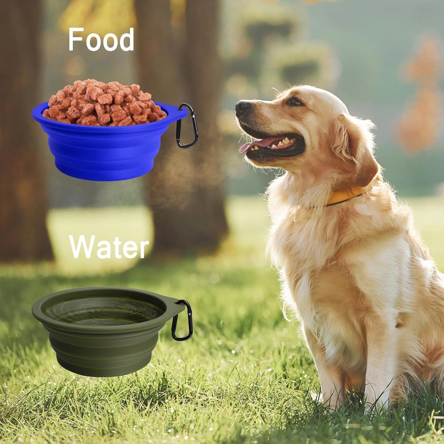 Silicone Collapsible Dog Bowls - 2-Pack, BPA-Free, Dishwasher Safe, Portable and Expandable Travel Feeding Dishes for Dogs and Cats with 2 Carabiners (Army Green, Blue)