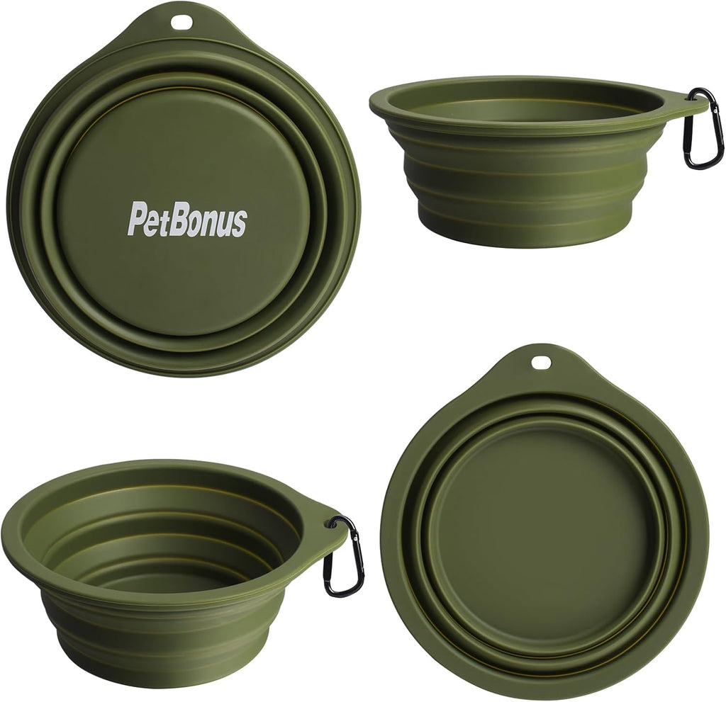 Silicone Collapsible Dog Bowls - 2-Pack, BPA-Free, Dishwasher Safe, Portable and Expandable Travel Feeding Dishes for Dogs and Cats with 2 Carabiners (Army Green, Blue)