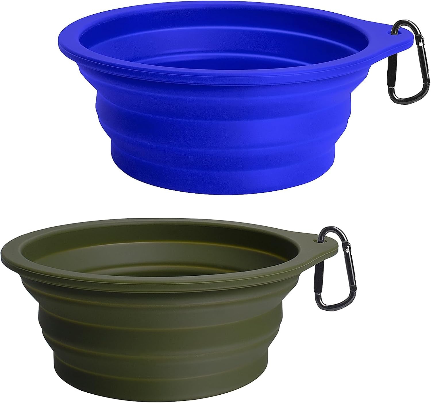Silicone Collapsible Dog Bowls - 2-Pack, BPA-Free, Dishwasher Safe, Portable and Expandable Travel Feeding Dishes for Dogs and Cats with 2 Carabiners (Army Green, Blue)