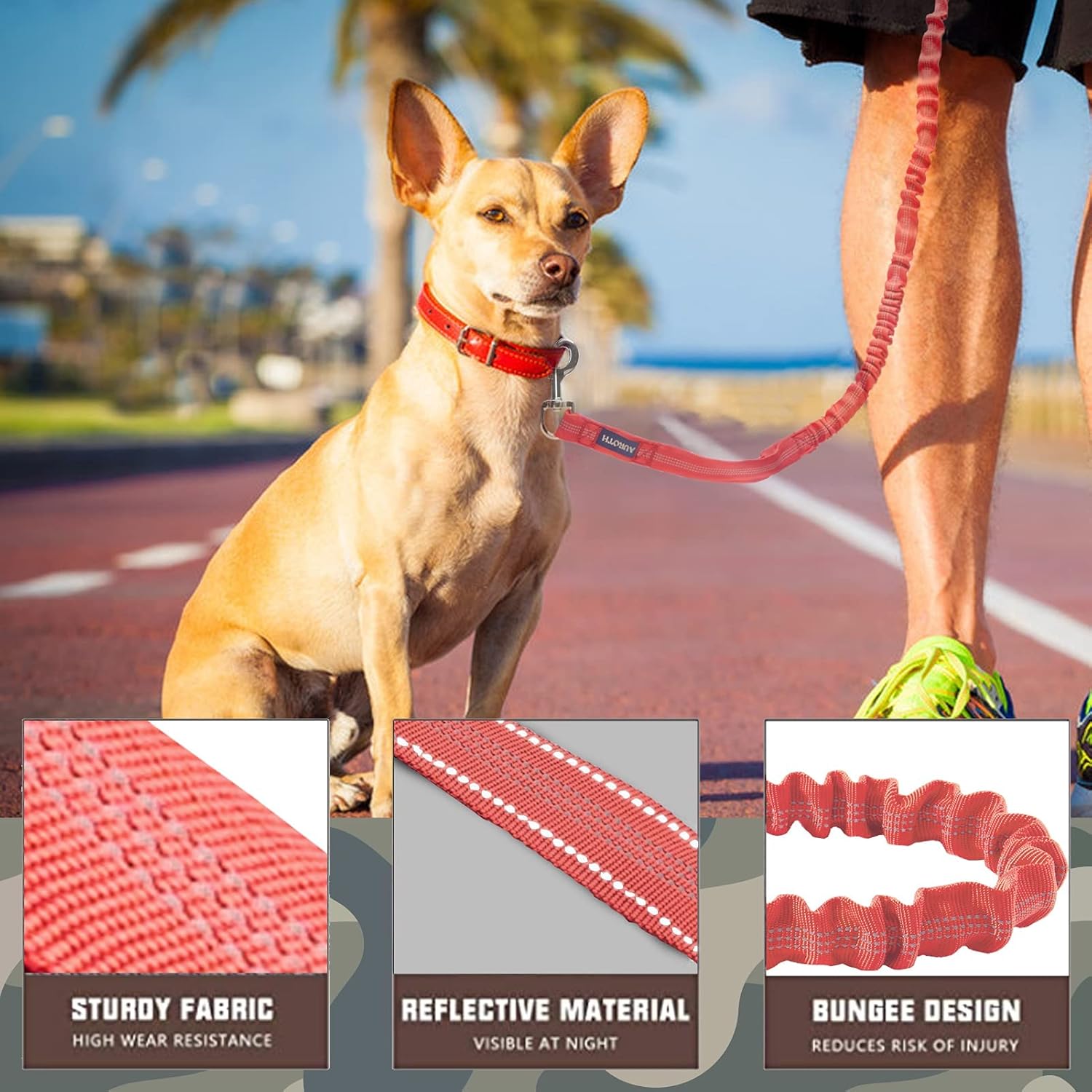 Ultimate Heavy Duty Bungee Dog Leash for Large Breeds - 6FT with Dual Padded Handles and Shock Absorption for No Pull Training - Vibrant Red Color