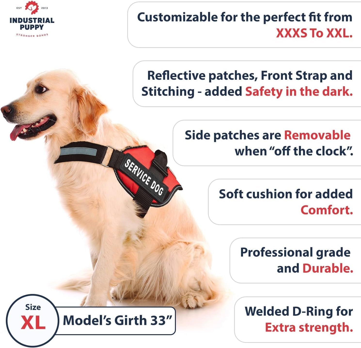 Service Dog Vest Harness - Durable & Adjustable Vest for Dog with Reflective Straps, Removable Patches, 50 ADA Cards, Handle & D-Ring, Travel and Daily Use, (Bright Red, XL 30"-39")
